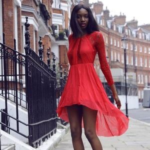NEW ASOS Lace Insert Skater Dress With High Low Hem - Red / UK 10 US 6